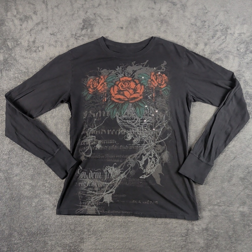 Y2K Vintage Stranded Thermal Shirt Tattoo Graphic Gothic Biker size XL